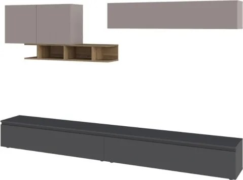 Parete Attrezzata Salotto 300 Cm Con Pensili E Vani Noce Moka E Antracite Monica