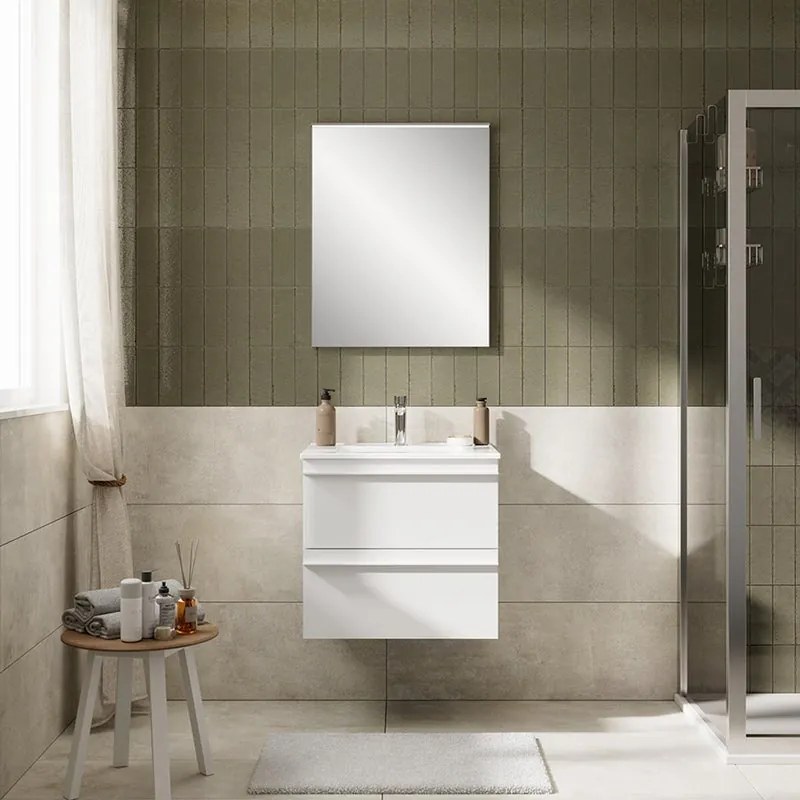 Mobile Linea L60 H55 P45 laccato bianco opaco 2 cassetti a chiusura ammortizzata e lavabo in ceramica vasca centrale