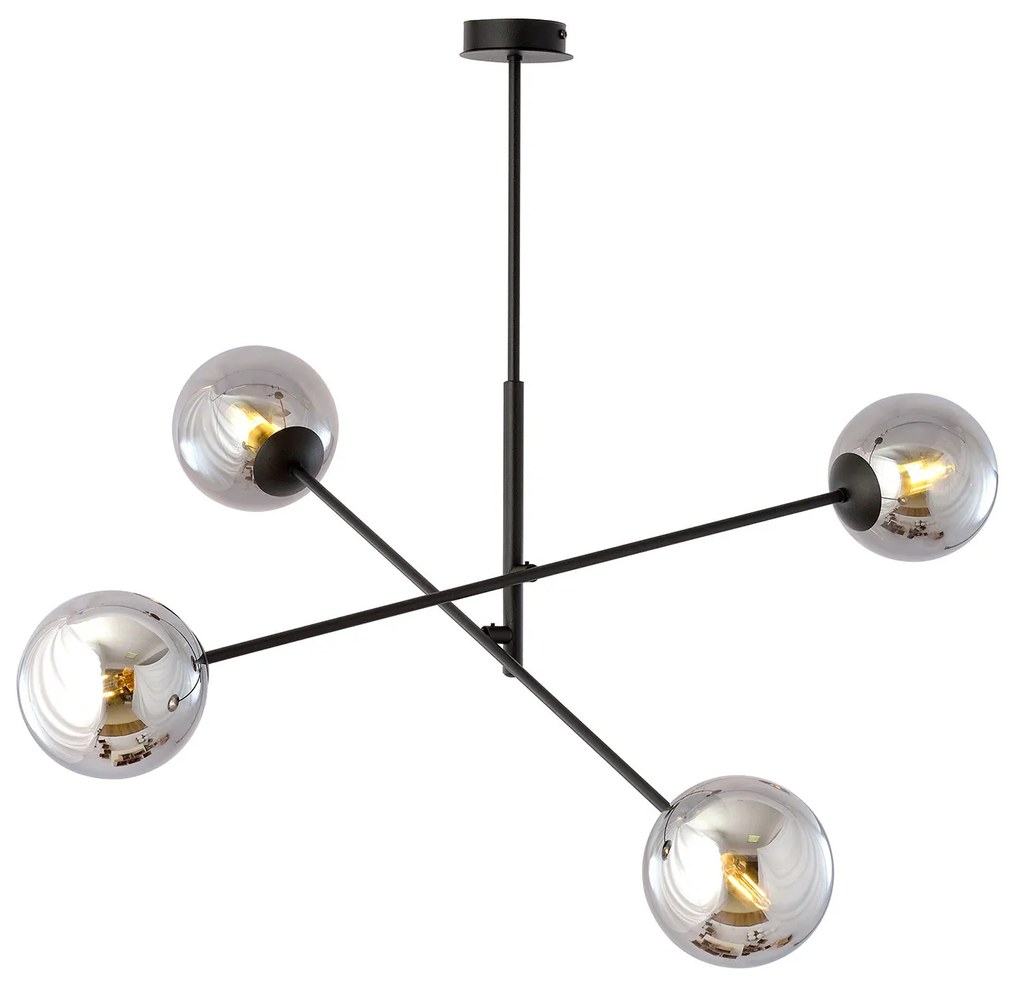 Lampadario 4 Luci Yama In Acciao Nero Con Bracci Regolabili E Vetro Fumè