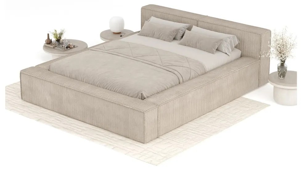Letto matrimoniale imbottito beige con contenitore e rete inclusi 140x200 cm Voliera – Maison de Rêve