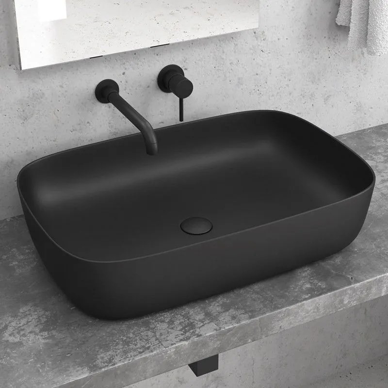 Kamalu - lavabo da appoggio colore nero opaco design rettangolare arrotondato | 60cm mil-ln