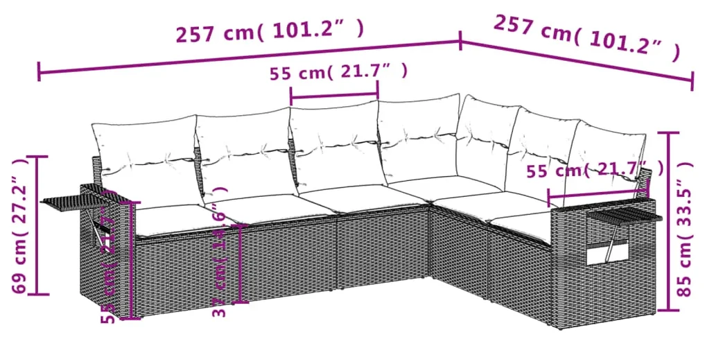 Set divano da giardino 6 pz con cuscini nero in polyrattan