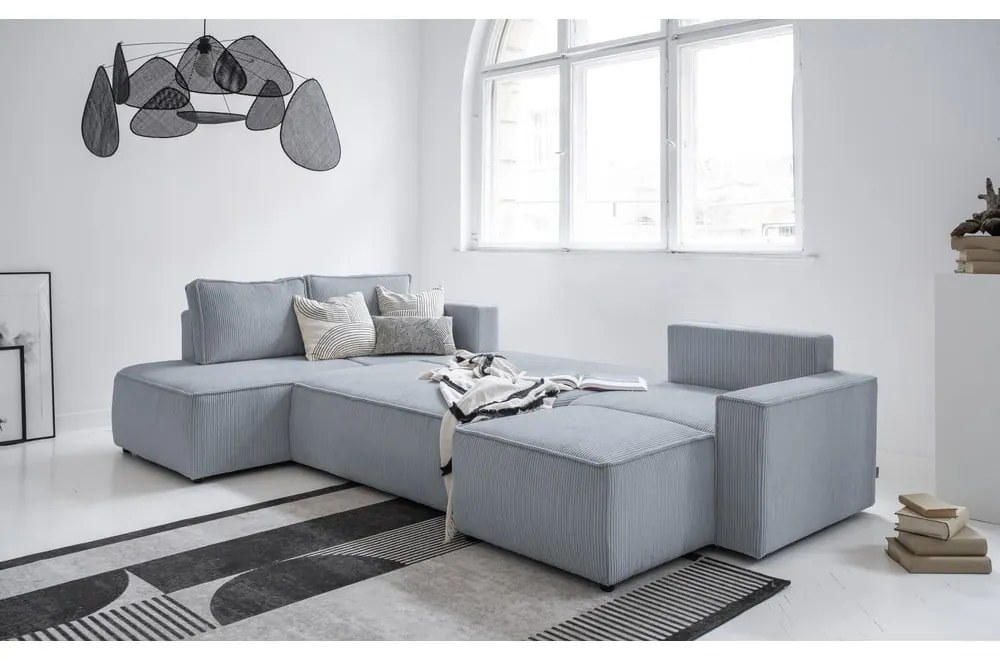 Divano letto angolare in velluto a coste grigio chiaro Brave Dave - Miuform