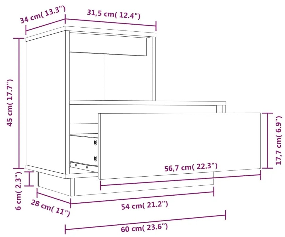 Comodino Bianco 60x34x51 cm in Legno Massello di Pino