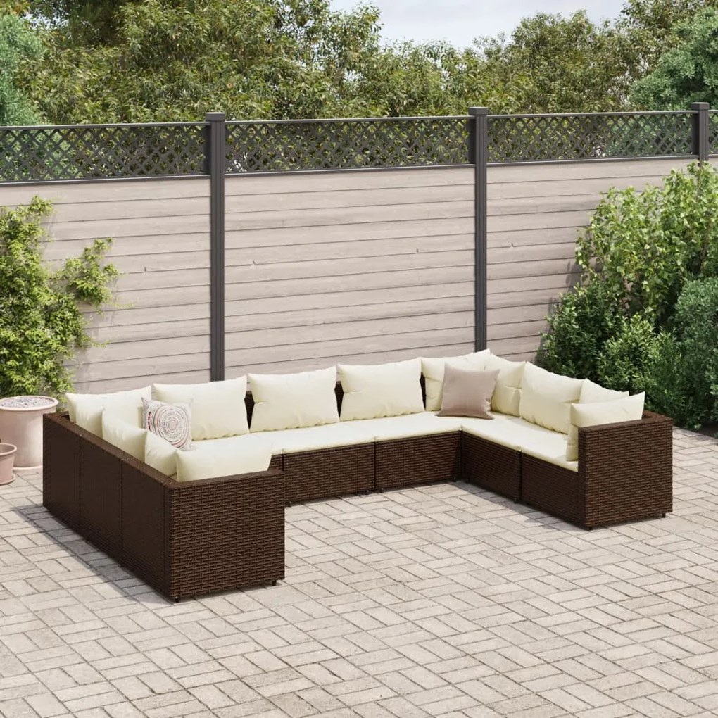 Set divani da giardino 9 pz con cuscini in polyrattan marrone