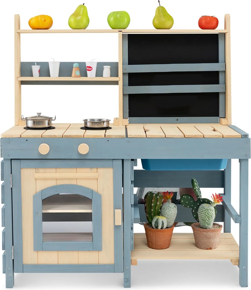 Costway Cucina da gioco 2 in 1 per esterni con rubinetto lavandino rimovibile cesti metallici borsa riporre, Negozio alimentari lavagna set gioco fango per bambini 3-8 anni