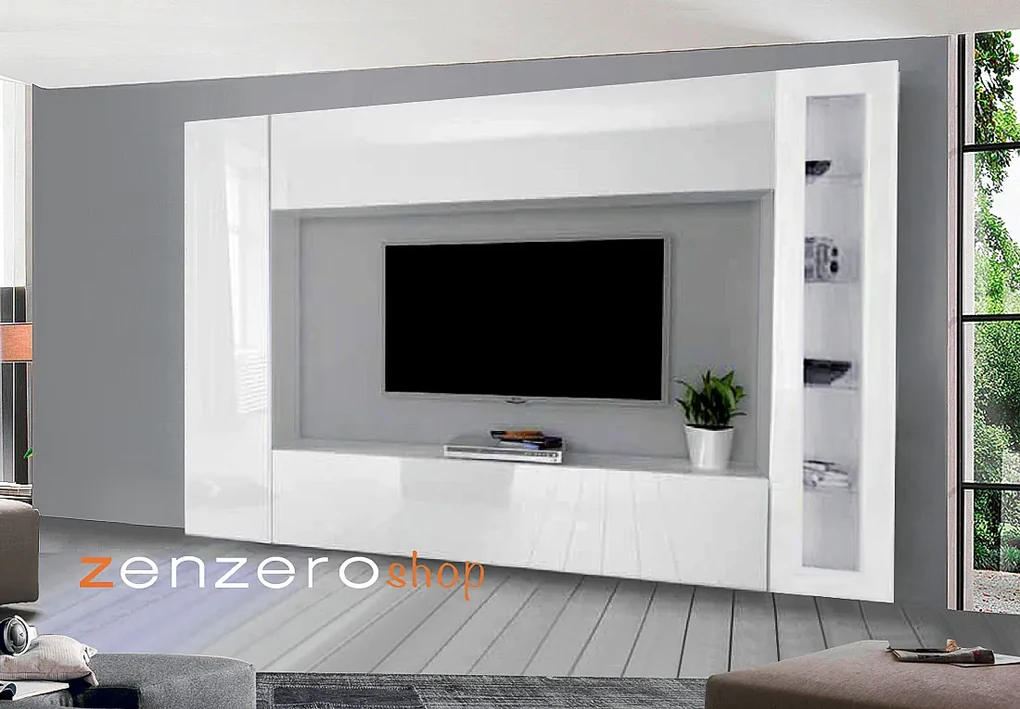 Parete da soggiorno con base porta TV e vetrina pensile, cm 185 x 42 x 195,  colore Bianco e Rovere