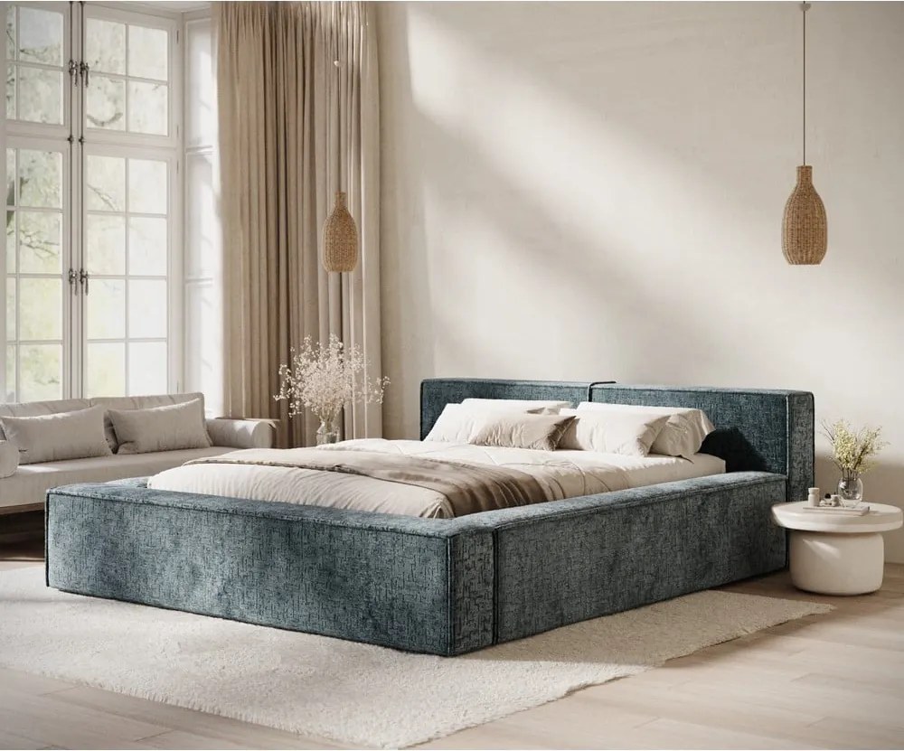 Letto matrimoniale imbottito blu polveroso con contenitore e rete inclusi 140x200 cm Voliera – Maison de Rêve