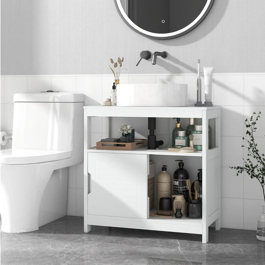 Costway Mobiletto per lavandino a vasca con 2 ante scorrevoli e taglio a U, Mobiletto sottolavabo per lavabo bagno Bianco