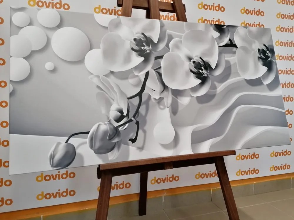 Stampa su tela – Orchidea in bianco e nero su sfondo astratto