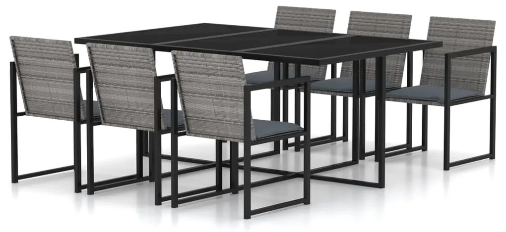 Set da pranzo per esterni 7 pz con cuscini in polyrattan grigio