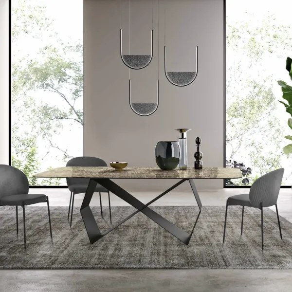 Tavolo fisso 210 cm KARL con base metallo Nero e piano vetro martellato Bronzo