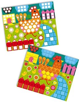 3 carte da decorare con più di 260 mosaici in schiuma et 1 libretto con istruzioni e modelli.