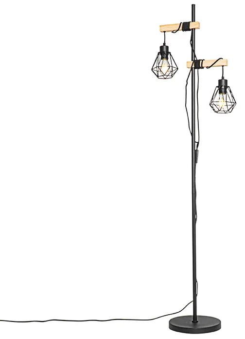 Lampada da terra rustica nera con legno 2 luci - Chon