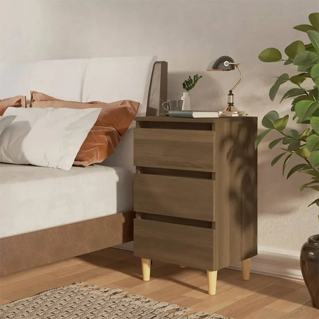 Comodino Con Gambe İn Legno Massello Rovere Marrone 40x35x69 Cm /