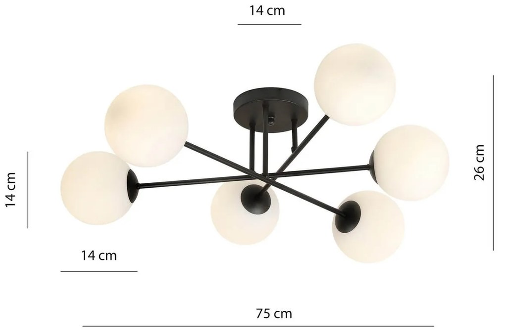 Lampadario Roma 6 Nero con sfere Bianche Satinate E14 da soffitto