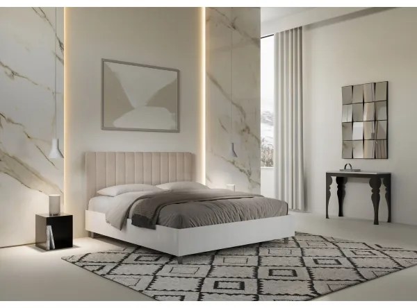 Letto matrimoniale e rete 160x200 in legno bianco e testata in microfibra sabbia Kaia