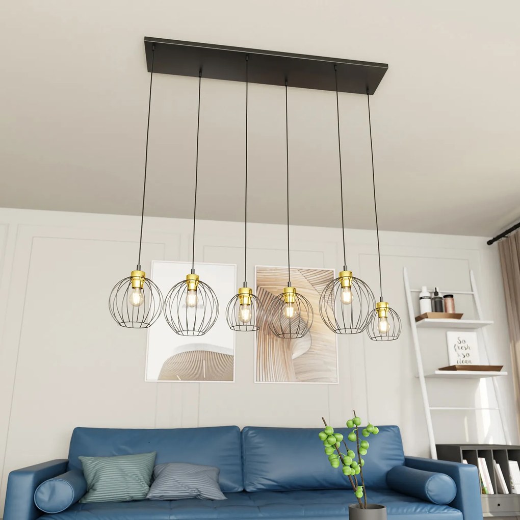 Sospensione Minimal Industrial Hathor 6 Luci Lineari Nera E Oro