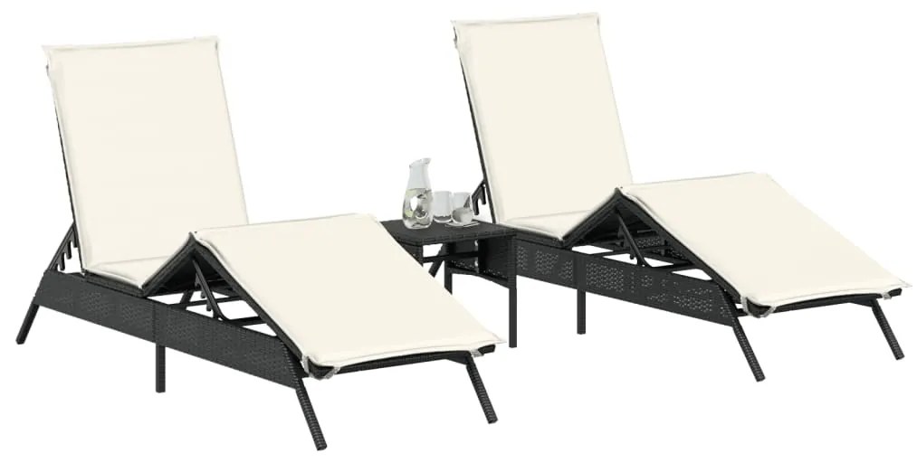 Lettini prendisole 2 pz con tavolino nero in polyrattan