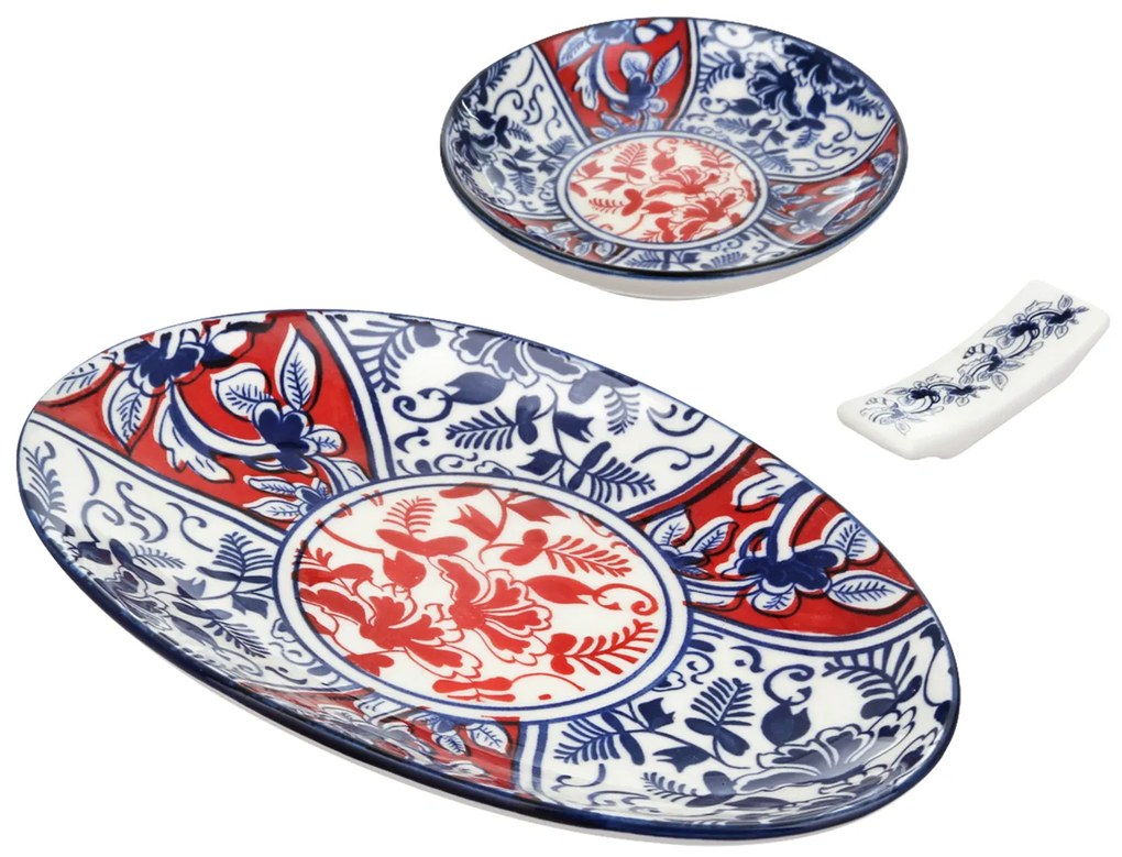 Set sushi 3 pezzi con decori rossi e blu Sushiko
