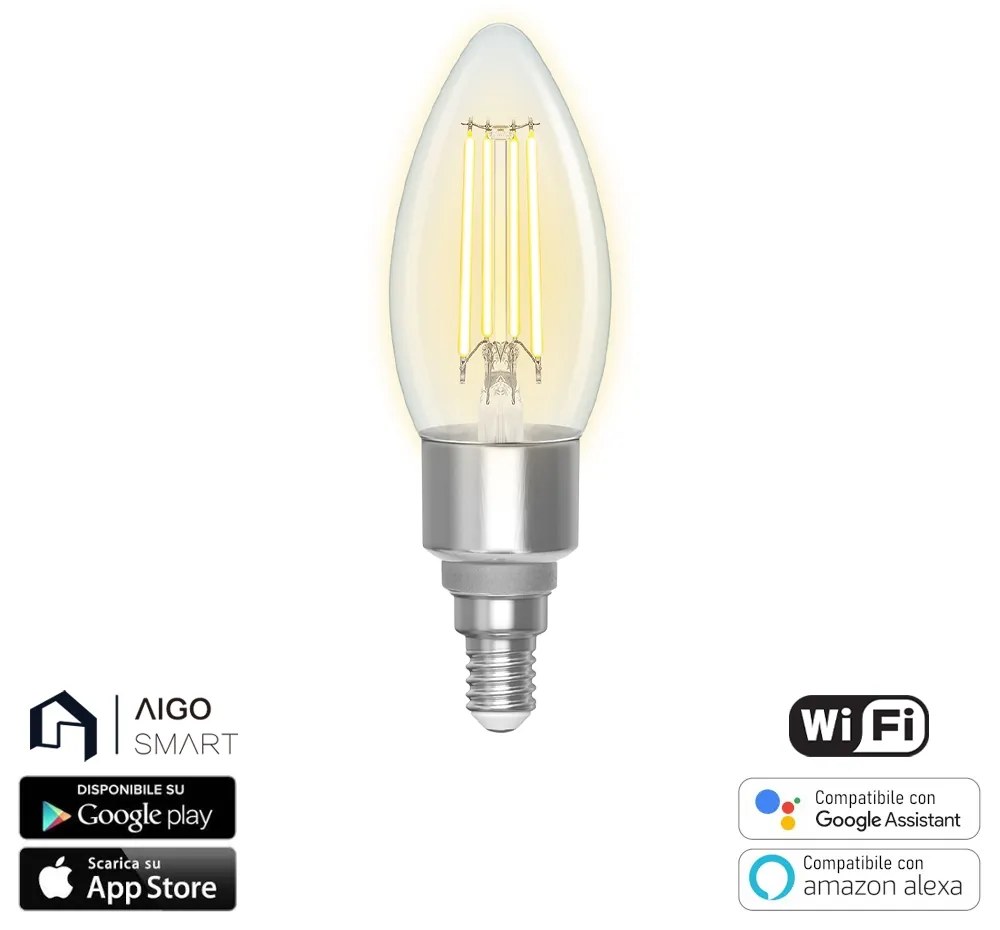 Lampadina Led a Filamento Smart C35 E14 4,5W WiFi CCT luce regolabile e dimmerabile Aigostar