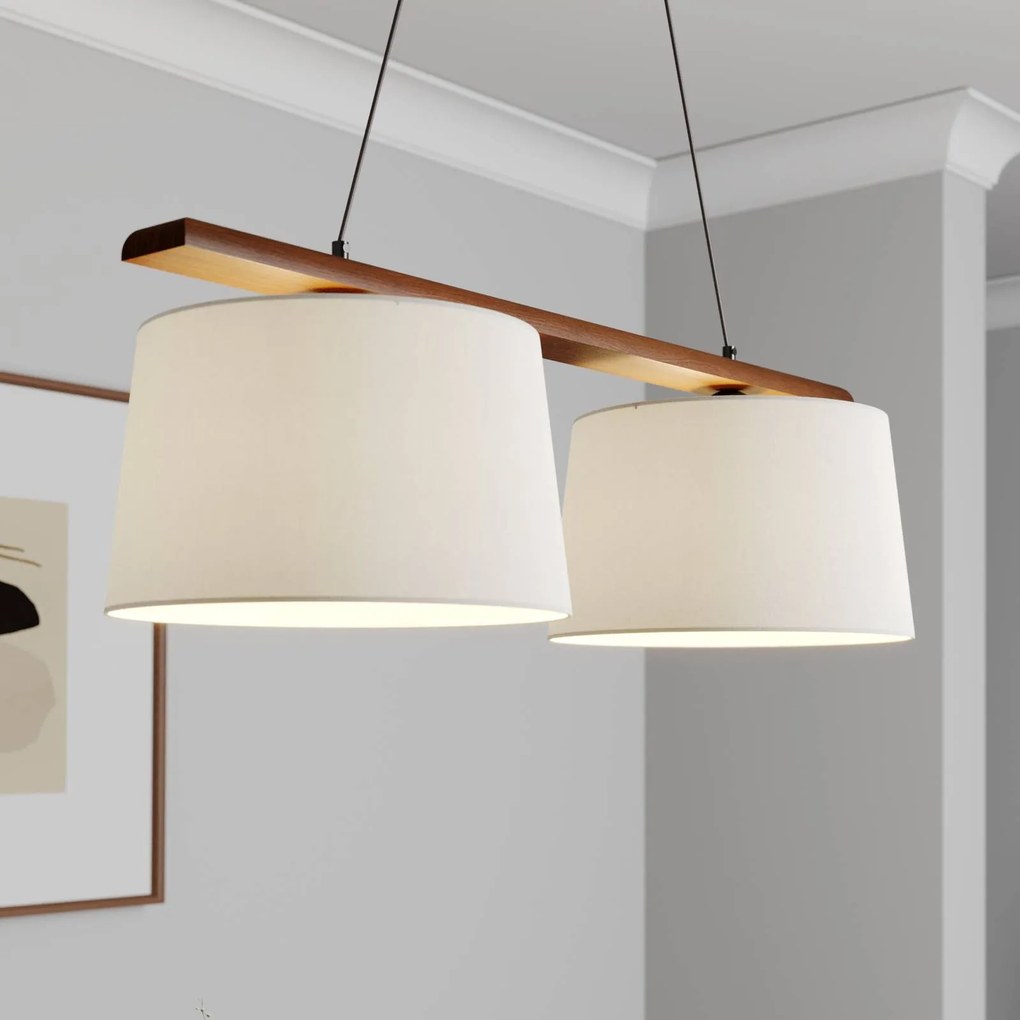 Lamkur Lampada a sospensione Svezia, bianco antico, tessuto, noce, a 2 luci