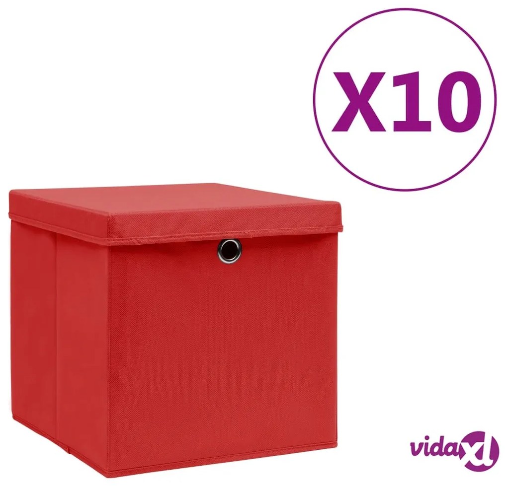 vidaXL Contenitori con Coperchi 10 pz 28x28x28 cm Rosso