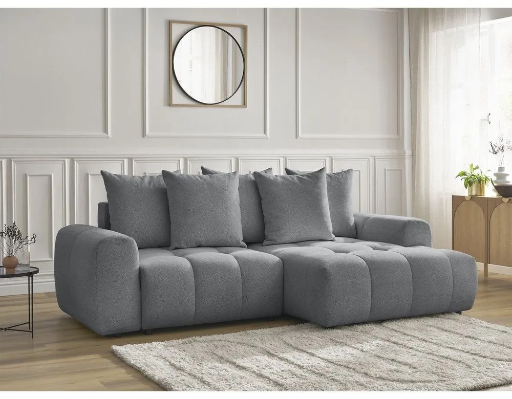 Divano angolare grigio allungabile/con contenitore (con penisola a destra/con chaise lounge) con rivestimento in ciniglia Roxelane – Bobochic Paris