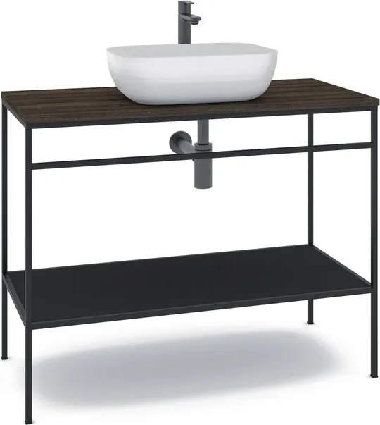 Mobile bagno da terra con lavabo e top laminato fumé, lavabo d'appoggio geo, mensola laccato nero opaco - struttura e porta asciugamani laccato nero opaco - l.100*h.77*p.45,5cm.