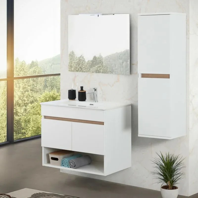 Mobile bagno sospeso 80 cm bianco e rovere con ante e vano a giorno Kleo