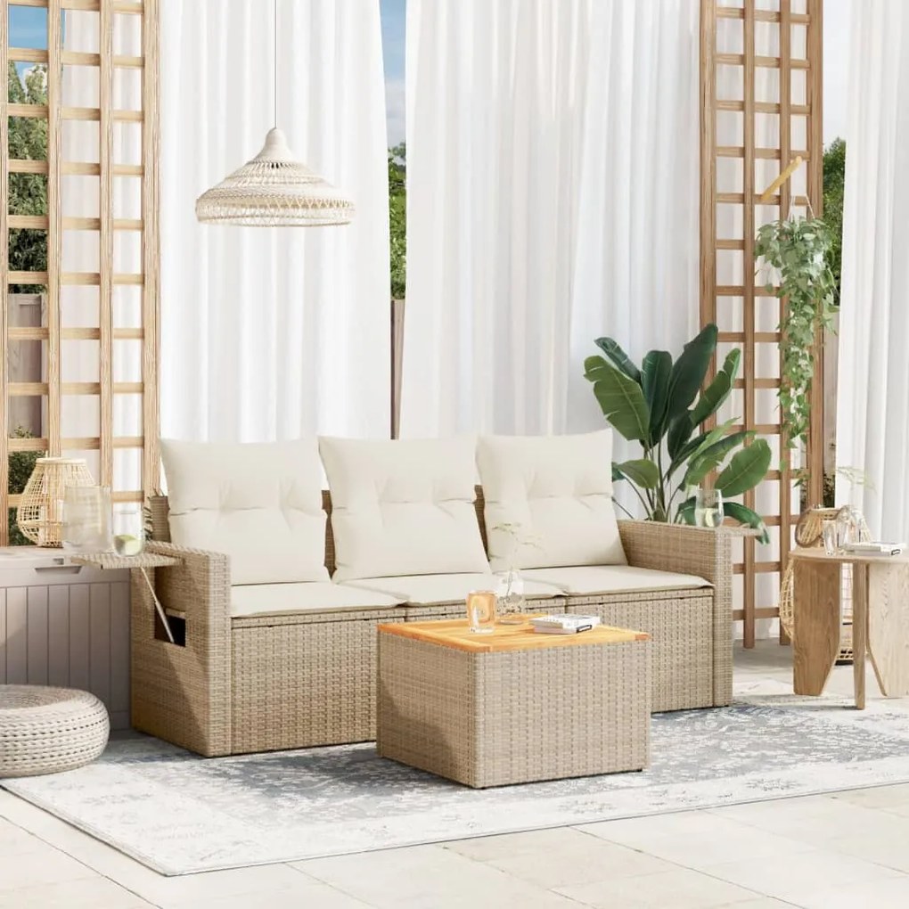 Set Divano da Giardino 4 pz con Cuscini Beige in Polyrattan