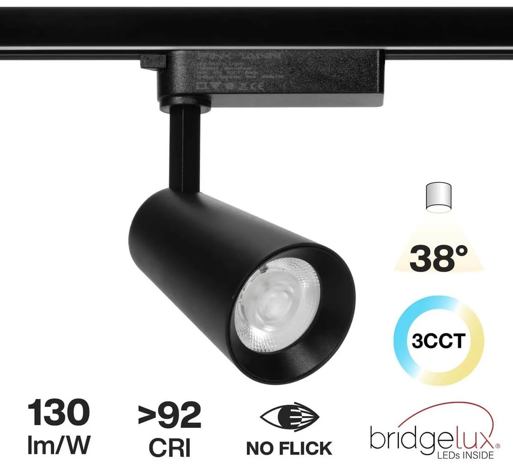 Faro LED 30W Monofase Nero CRI92 CCT Bianco Variabile 38° Bridgelux LED Colore Bianco Variabile CCT