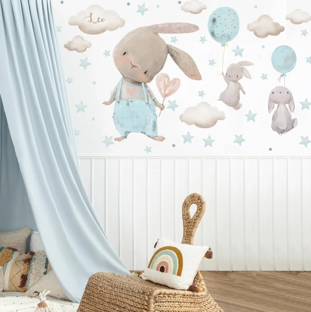 Adesivi per bambini - Coniglietti in design azzurro con palloncini | Inspio