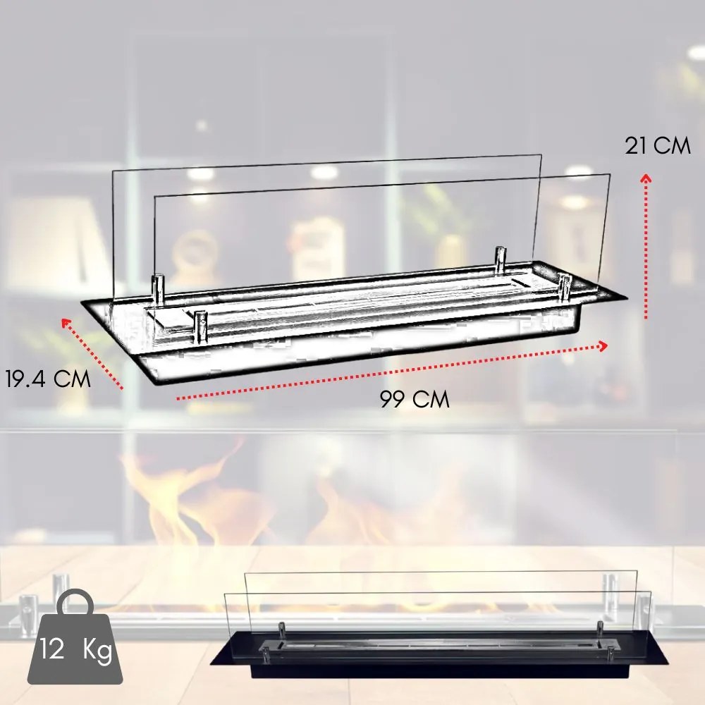 Bruciatore da Incasso Camino a Bioetanolo 1 Lt in Acciaio Inox, Riscaldamento 30-40 m2 – cm 99x19x21