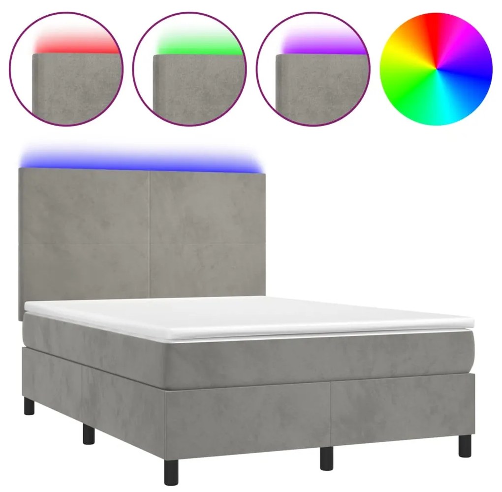 Letto a molle materasso e led grigio chiaro 140x190 cm velluto