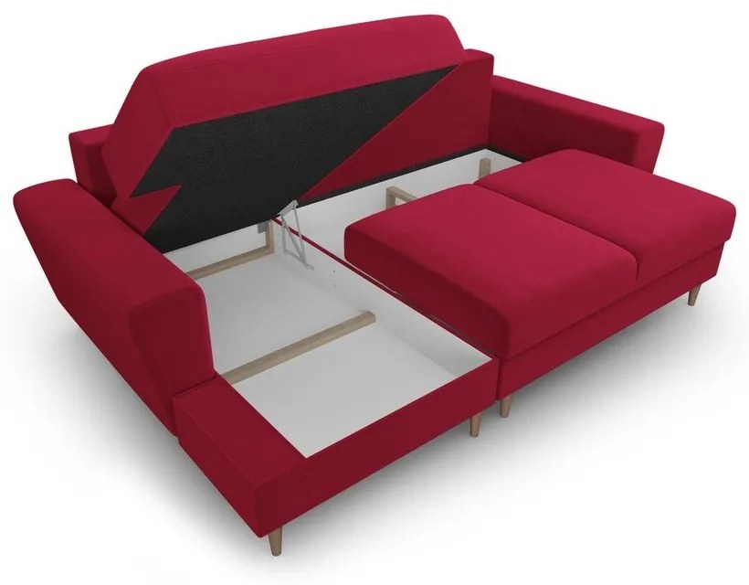 Divano angolare rosso allungabile e con contenitore (con penisola a sinistra/con chaise lounge) con rivestimento in velluto Kyoto – Cosmopolitan Design