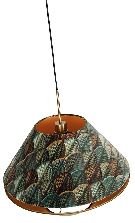 Lampada a sospensione moderna bronzo con doppio paralume in velluto con motivo a foglie e beige - Combi 1