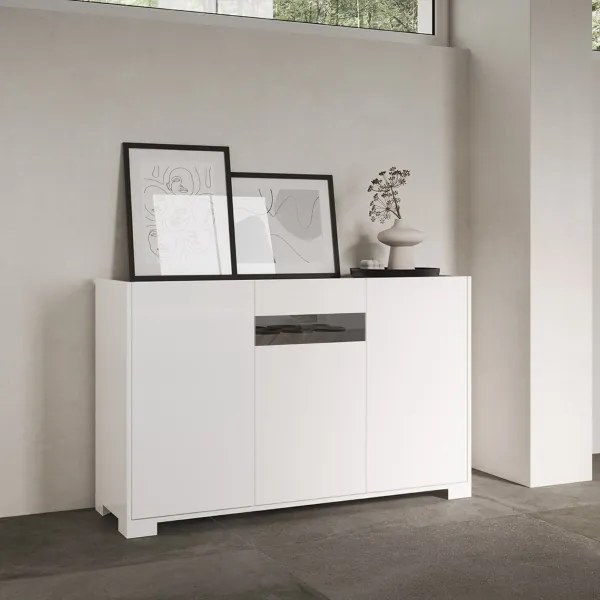 Madia in legno Bianco Lucido ROJAS a 3 ante con inserto in vetro Fumč 130 cm