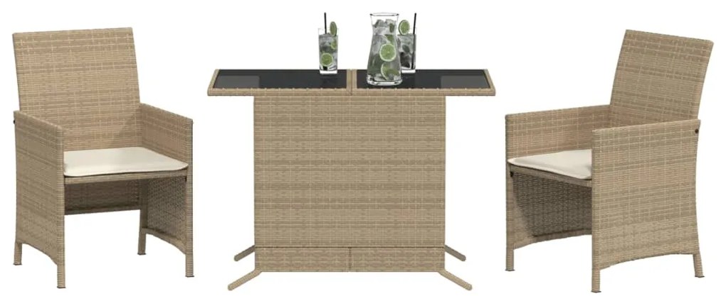 Set da Bistrò 3 pz con Cuscini Beige in Polyrattan