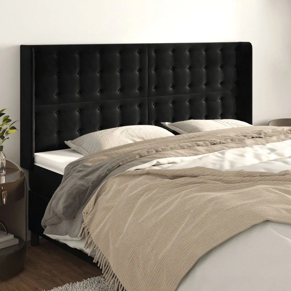 Testiera Ad Orecchio Nera 183x16x118/128 Cm İn Velluto /