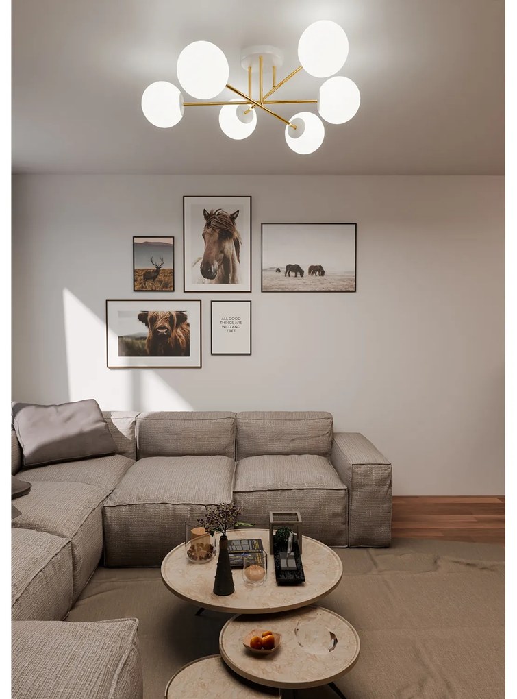 Plafoniera Moderna Magnium 6 Luci In Acciao Oro E Sfere In Vetro Bianco