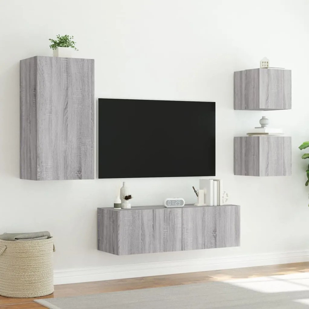 Mobili tv a muro 4pz con luci led grigio sonoma