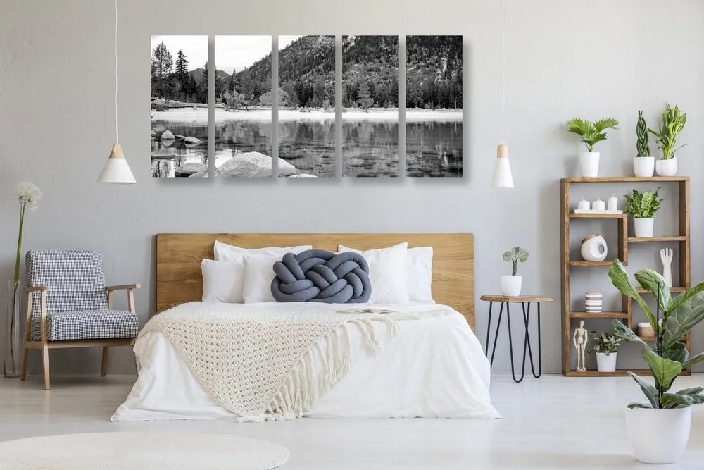 Quadri 5 pezzi – Lago in una natura splendida in bianco e nero