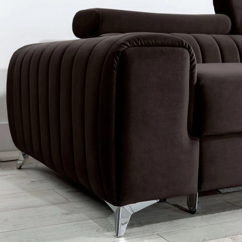 Divano angolare marrone scuro allungabile/con contenitore (con penisola a destra/con chaise lounge) e rivestimento in velluto Grayson – ELTAP