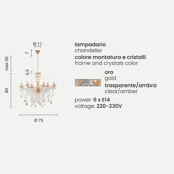 Lampadario a sospensione DAMASCO D75 cm con decorazioni in cristallo Ambra 6 Luci