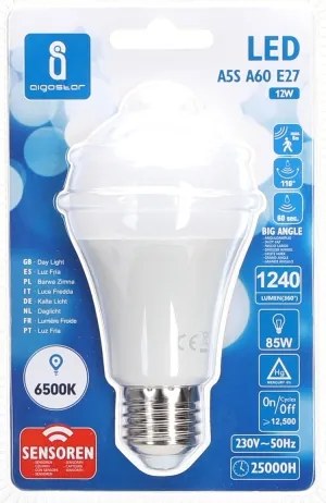 Lampadina LED A60 E27 12W 230V 6500K con sensore movimento e crepuscolare - Aigo