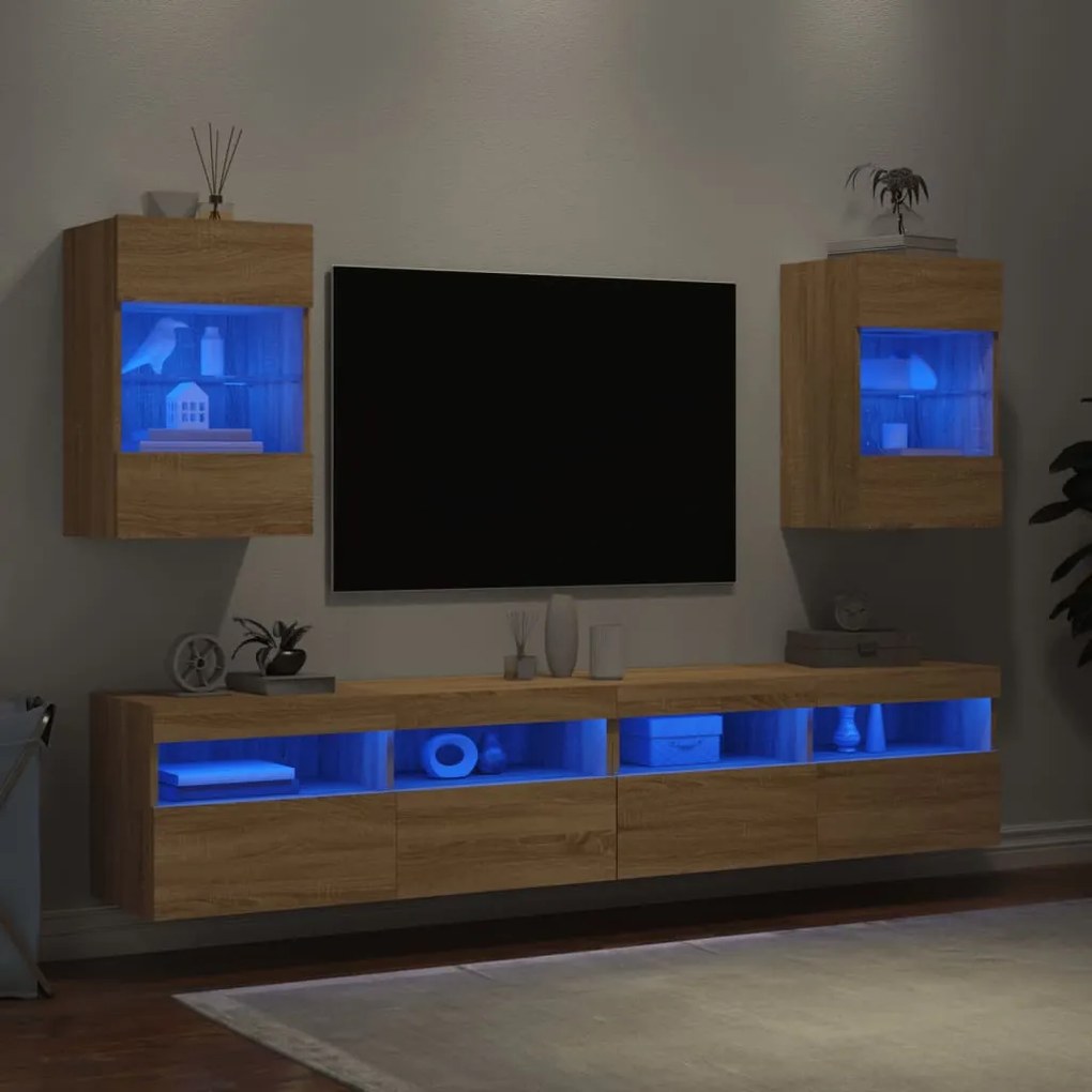 Mobili tv a parete con luci led 2pz rovere sonoma 40x30x60,5 cm