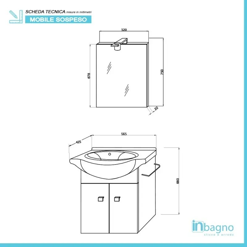 Mobiletto da bagno sospeso 55 cm rovere bianco con lavabo e specchio incluso