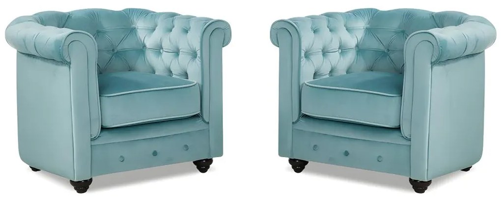 Lotto di 2 poltrone  CHESTERFIELD in velluto Azzurro pastello