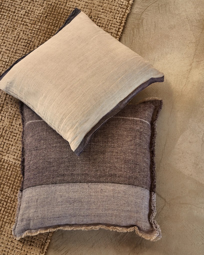 Kave Home - Federa cuscino Suerta 100% lino beige e blu 45 x 45 cm